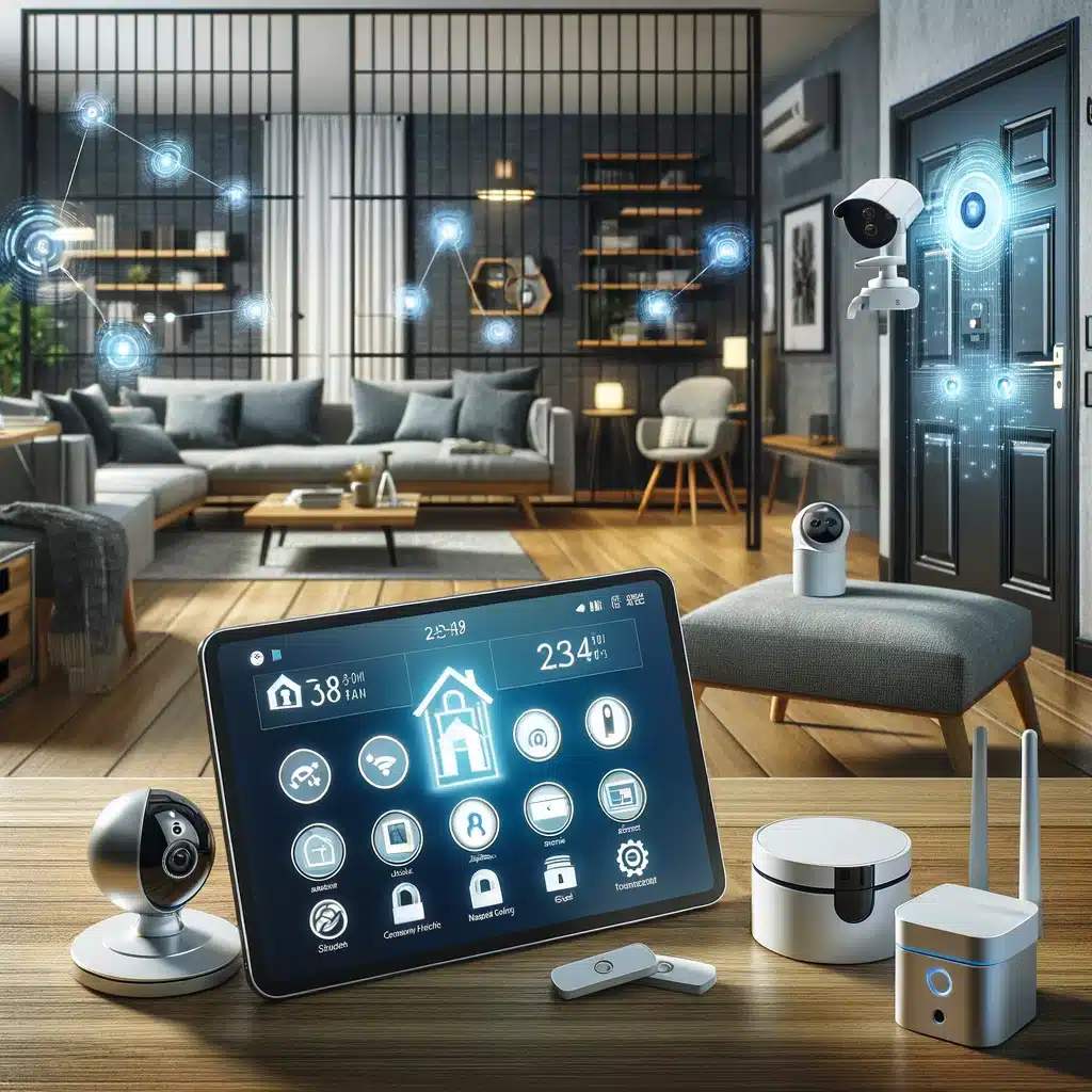 Smart home interior with IoT devices enhancing security and reducing home insurance costs